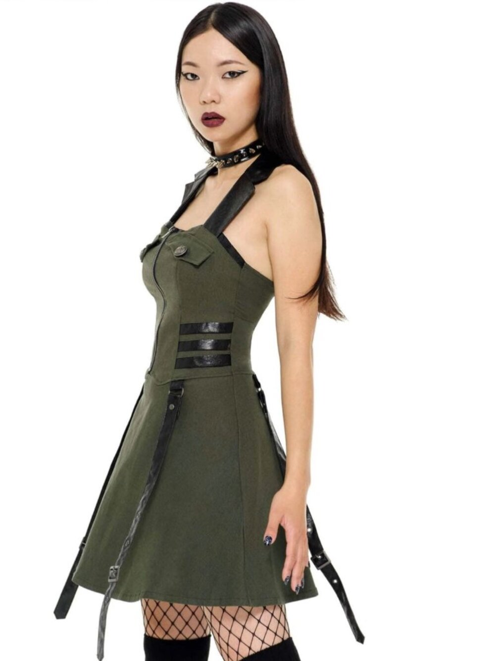 Killstar ✦ Psy-Ops Dress Khaki ✦ Super-Stretch Woven Pleated Zip Strap Detail M